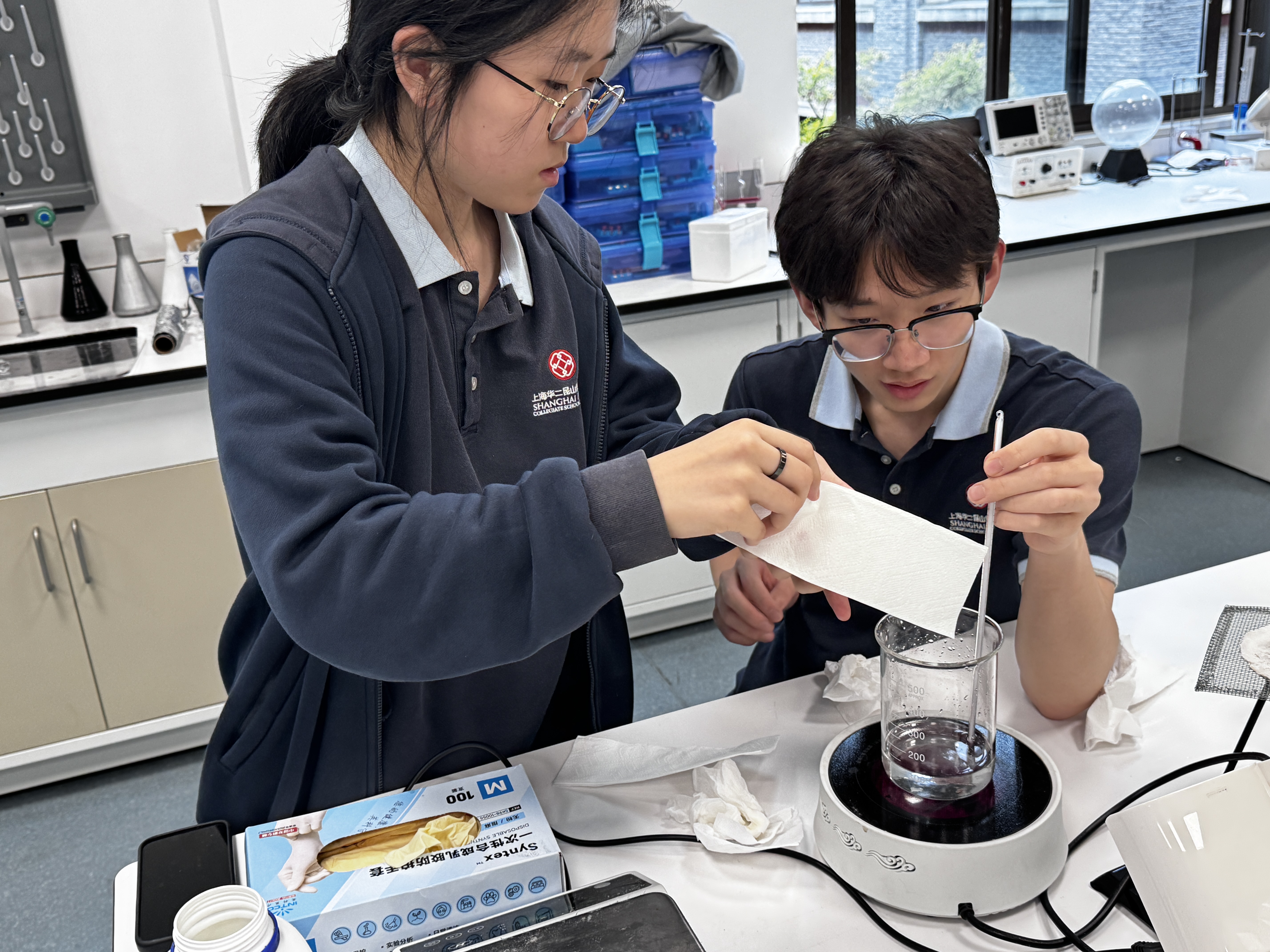 Team preparing dye solution for adsorbent screening