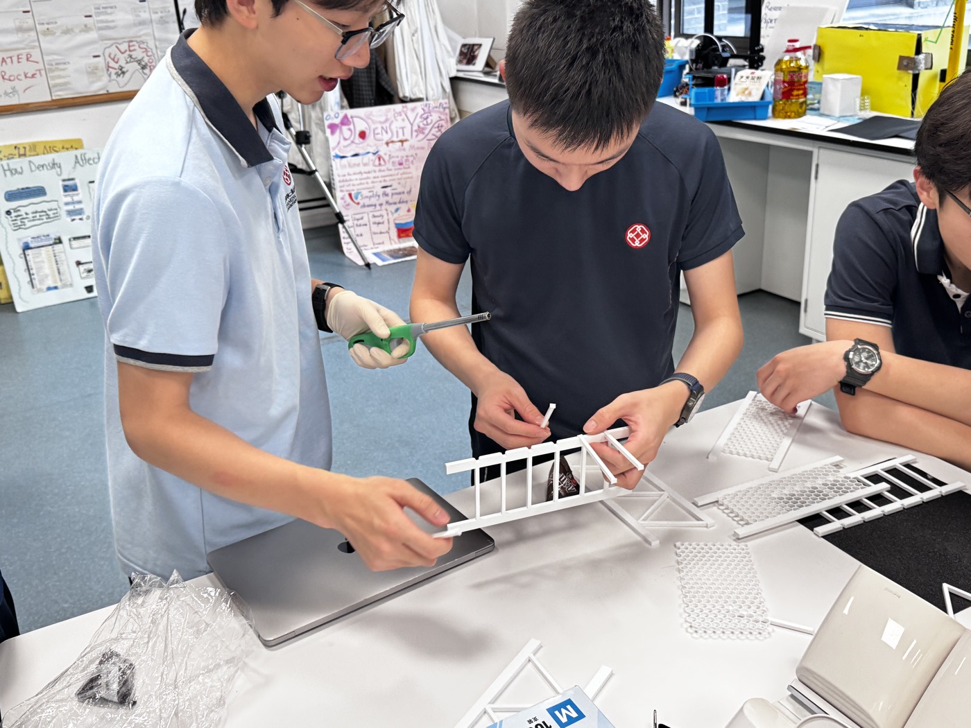 Team assembling 3D-printed lattice truss bridge